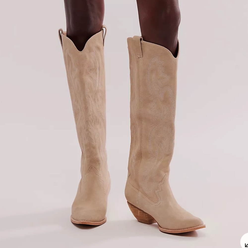 Jeffrey Campbell Beige Suede Knee-High Western Heeled Boots